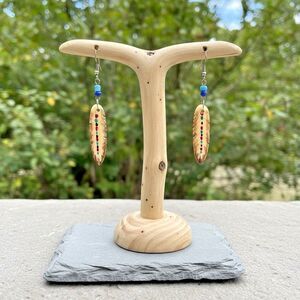 Hand Painted Feather Dangle Earrings Boho Western Style Silver Tone